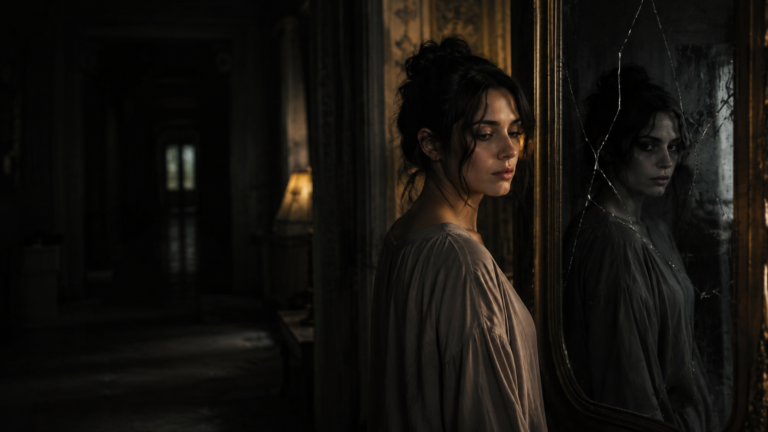 Woman facing cracked mirror in psychological thriller scene